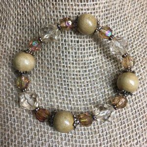 Beige Amber Silver Bracelet Marbled Faceted Stretch